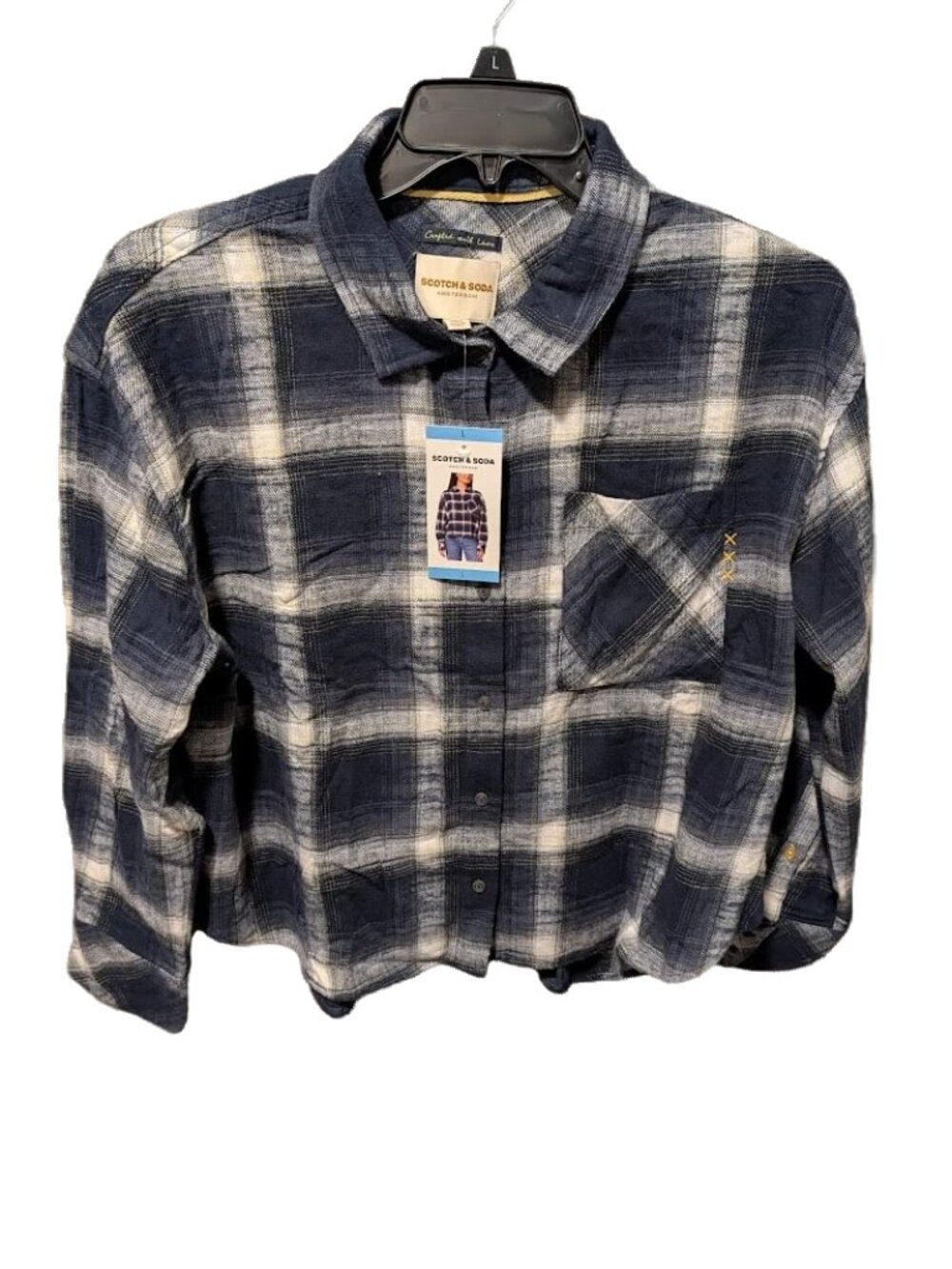 Scotch & Soda Women's Cropped Flannel Plaid Shirt Black (Large)